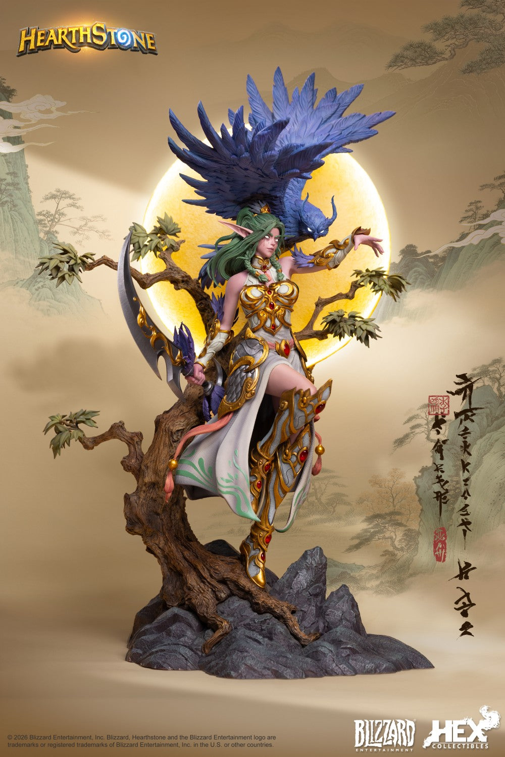 Hearthstone – Tyrande Signature Statue Limited Edition (HEX Collectibles). A detailed collectible statue of a fantasy female warrior character from Hearthstone, posed on a gnarled tree trunk with a large blue feathered headdress, white and gold outfit, and a dramatic yellow moon and misty landscape background. Hearthstone and Blizzard Hex logos are visible.