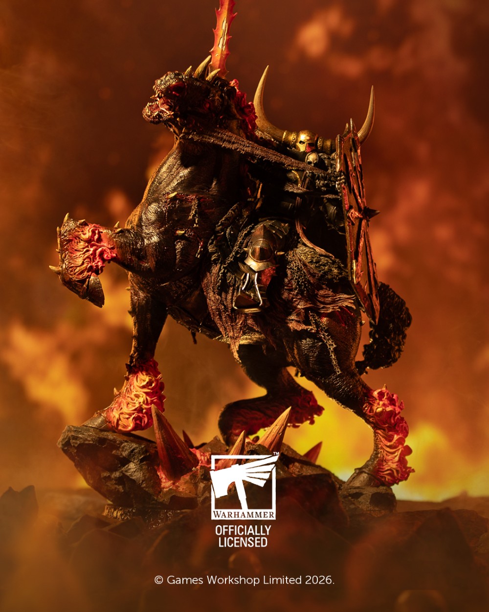 Warhammer 40k Officially Licensed collectible figure of a heavily armored, horned demon warrior riding a dark beast, set against a fiery orange and red background. Features a Warhammer logo and copyright text at the bottom.

Warhammer: Age Of Sigmar - Archaon the Everchosen Statue 1:6 Scale (Weta Workshop)