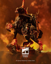 Warhammer 40k Officially Licensed collectible figure of a heavily armored, horned demon warrior riding a dark beast, set against a fiery orange and red background. Features a Warhammer logo and copyright text at the bottom.

Warhammer: Age Of Sigmar - Archaon the Everchosen Statue 1:6 Scale (Weta Workshop)