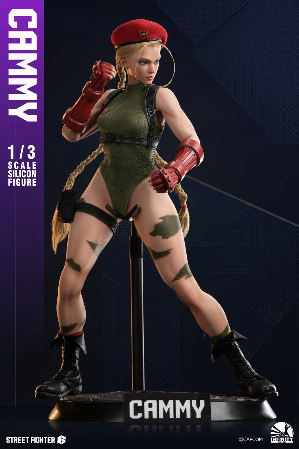 Street Fighter 6 – Cammy 1:3 Scale Silicone Action Figure Statue (Infinity Studio). Street Fighter Cammy 1/3 scale collectible statue on a display stand, featuring her signature green bodysuit, red beret, and black boots against a dark blue background.