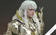 A highly detailed collectible statue of a white-haired female warrior in metallic gold armor with gold wing-like shoulder pieces, shown against a dark gray studio background. A white diagonal banner in the bottom right corner features the text 'METAL'. Griffith – Berserk (JND Studios) Metal Armor Deluxe Version 1/3 Scale Statue