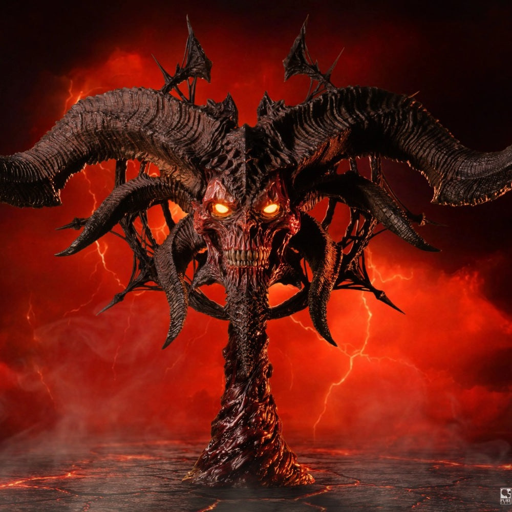 Monster with large horns and glowing eyes against a fiery background. Diablo IV Mephisto Life-Size Scale Art Mask (PureArts)