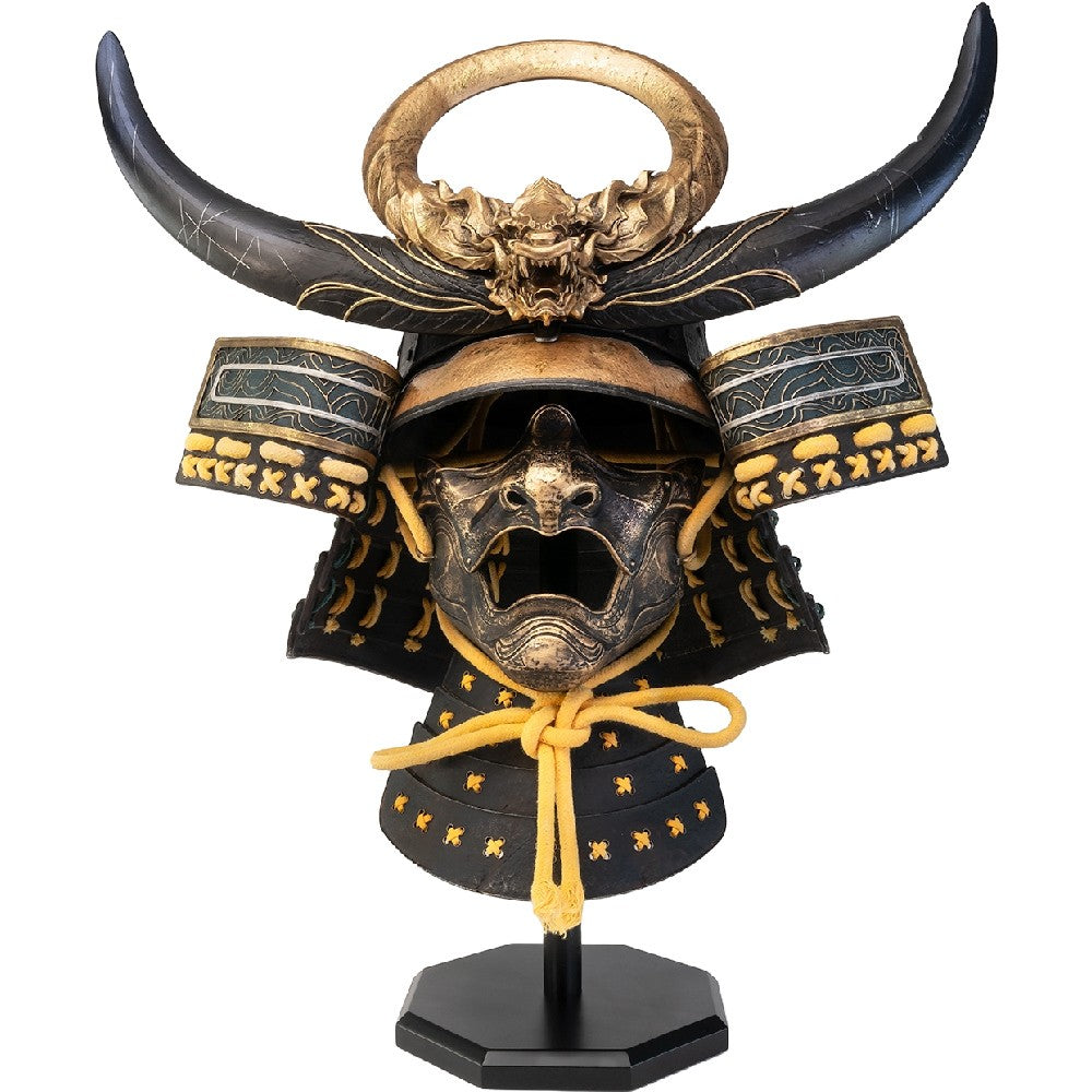 Assassin’s Creed Yasuke Helmet 1:1 Scale Replica – PureArts. Samurai helmet with gold accents on a white background
