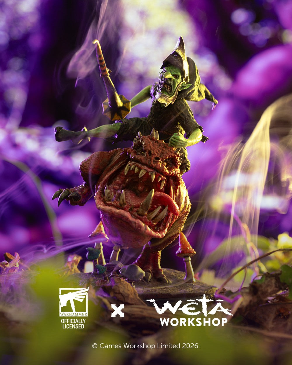 Warhammer: Age Of Sigmar - Boingrot Bounder Statue 1:10 Scale (Weta Workshop). A highly detailed collectible figurine of a green-skinned warrior riding a large, snarling red creature, set against a smoky purple fantasy forest backdrop. The bottom of the image features logos for 'Weta Workshop' and 'Officially Licensed' with copyright text for 'Games Workshop Limited 2026'.