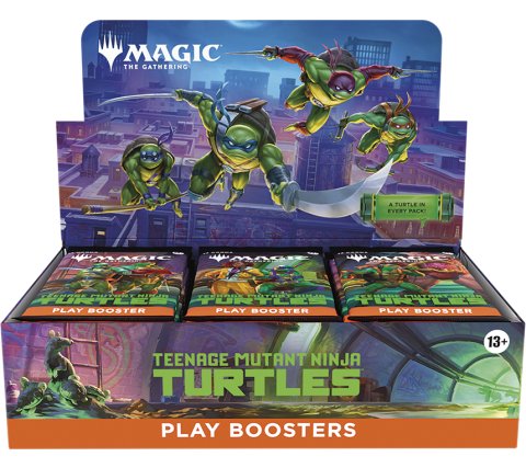 Magic the Gathering Universes Beyond - Teenage Mutant Ninja Turtles - Booster Box (english). Display box for Teenage Mutant Ninja Turtles-themed Magic: The Gathering play boosters with cityscape background.