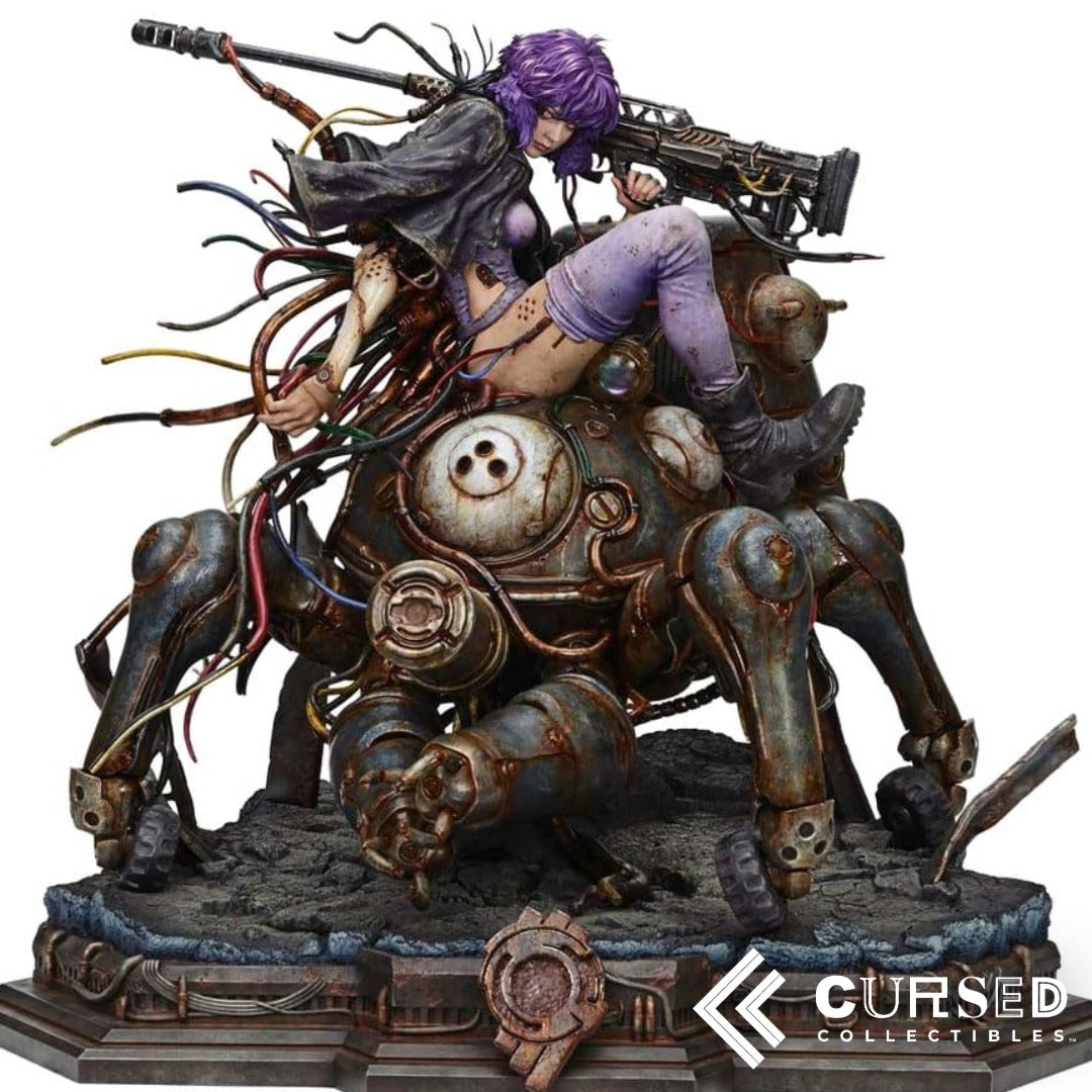 Motoko Kusanagi riding Tachikoma statue from Ghost in the Shell with cyberpunk cables, purple hair and detailed mechanical base.