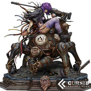 Motoko Kusanagi riding Tachikoma statue from Ghost in the Shell with cyberpunk cables, purple hair and detailed mechanical base.