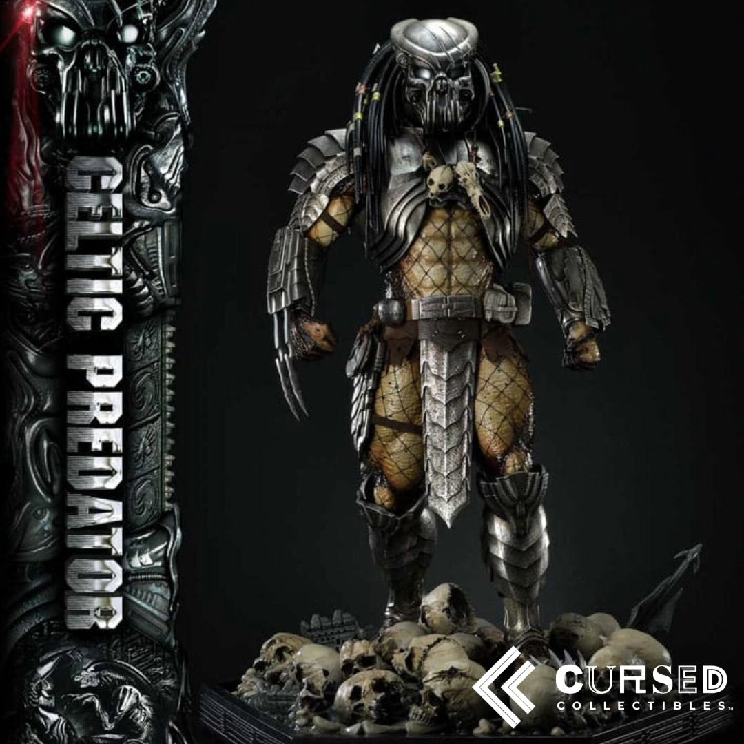 Celtic Predator 1/3 scale statue from Alien vs Predator standing on a base covered with skulls and bones with detailed armor and wrist blades.