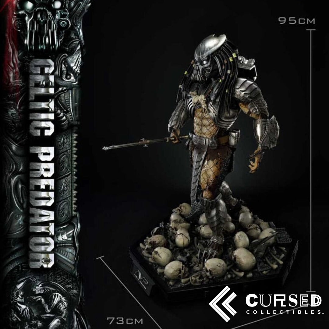 Side view of Celtic Predator collectible statue featuring extended combistick weapon, battle armor and skull-covered AVP display base.