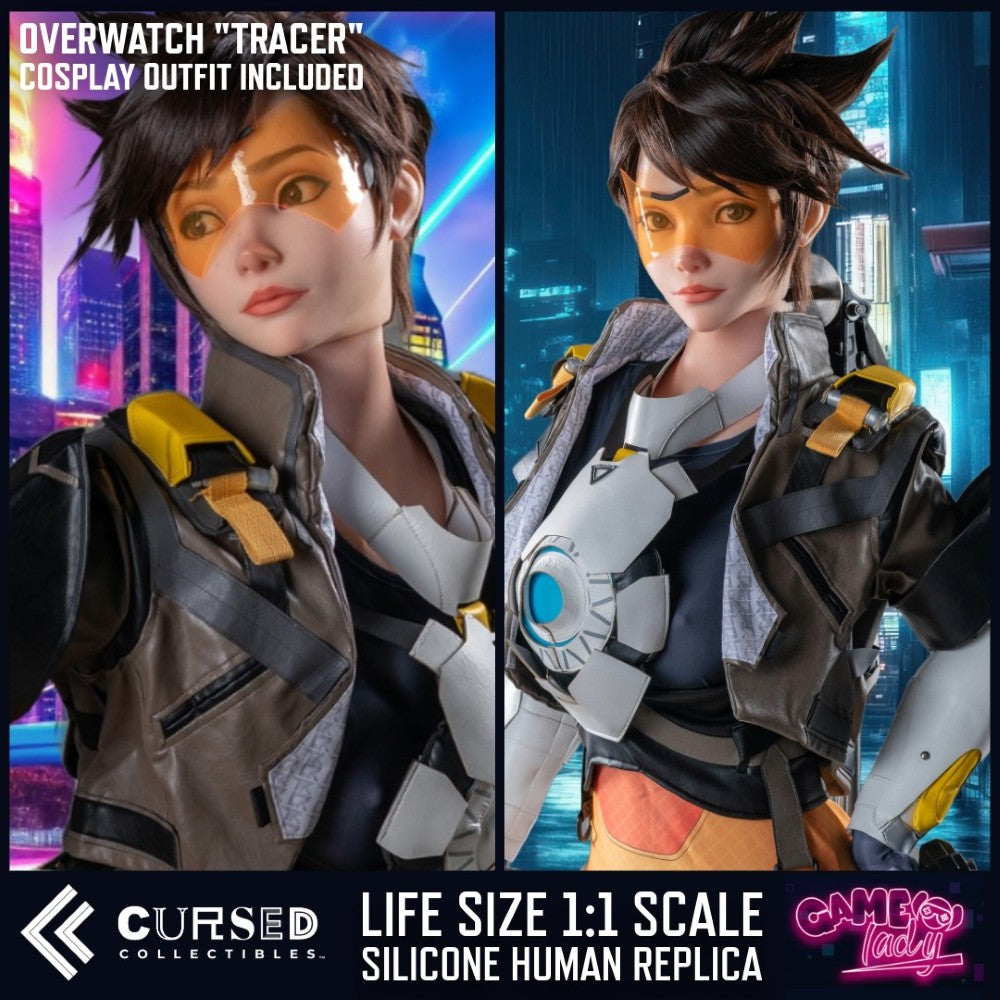 Tracer (Overwatch) Realistic Silicone 1:1 Replica Cosplay Model Doll (Game Lady Studio). Promotional product image for a life-size 1:1 scale silicone human replica of Overwatch's Tracer, shown in a split-screen format with a character render on the left and the figure on the right. Text at the top reads 'OVERWATCH "TRACER" COSPLAY OUTFIT INCLUDED' and the bottom banner shows 'CURSED COLLECTIBLES' and 'LIFE SIZE 1:1 SCALE SILICONE HUMAN REPLICA'. This is not a Overwatch Tracer Sex Doll (but can be upgraded).