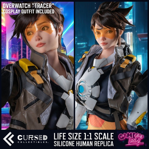 Tracer (Overwatch) Realistic Silicone 1:1 Replica Cosplay Model Doll (Game Lady Studio). Promotional product image for a life-size 1:1 scale silicone human replica of Overwatch's Tracer, shown in a split-screen format with a character render on the left and the figure on the right. Text at the top reads 'OVERWATCH "TRACER" COSPLAY OUTFIT INCLUDED' and the bottom banner shows 'CURSED COLLECTIBLES' and 'LIFE SIZE 1:1 SCALE SILICONE HUMAN REPLICA'. This is not a Overwatch Tracer Sex Doll (but can be upgraded).