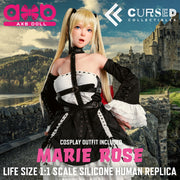 Promotional graphic for a life size 1:1 scale silicone human replica of the Marie Rose cosplay outfit by Cursed Collectibles. The image features a blonde doll with pigtails wearing a black and white corset-style dress, set against a background of a castle and lake. This is not a sex doll (but can be upgaded).