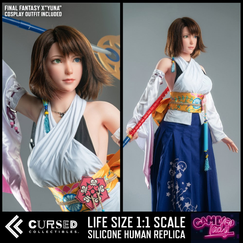 Final Fantasy X Yuna - Realistic Silicone 1:1 Replica Cosplay Model Doll (Game Lady Studio). Promotional product image for a life-size 1:1 scale silicone human replica of the character Yuna from Final Fantasy X, shown in two views on a gray background with black branded border. The left view is a close-up portrait, and the right view shows the full outfit with a white draped top, blue skirt, orange/yellow sash, and sword hilt.