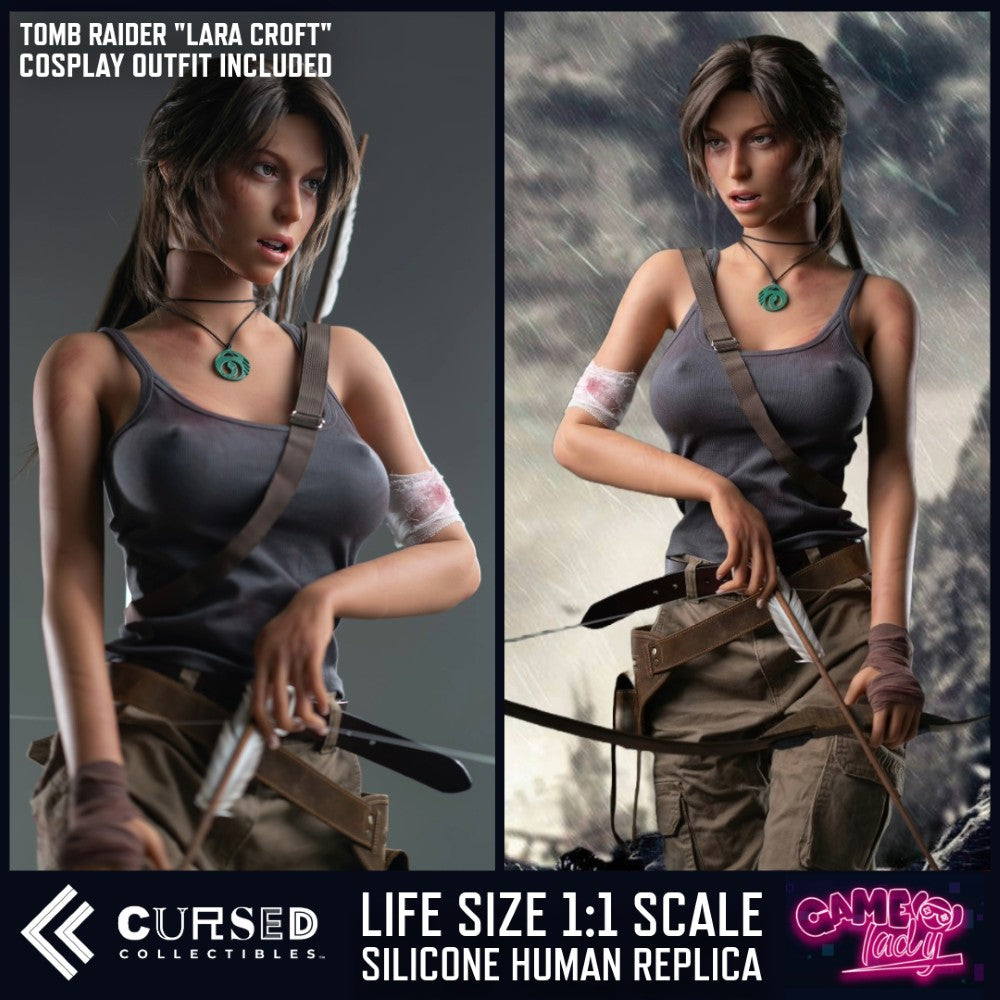 Lara (Tomb Raider) Realistic Silicone 1:1 Replica Cosplay Model Doll (Game Lady). Promotional product image for a life-size 1:1 scale silicone human replica of Lara Croft from Tomb Raider, shown in two side-by-side views. The left view shows the character against a dark gray background with text stating 'Tomb Raider "Lara Croft" Cosplay Outfit Included,' and the right view shows her in a rainier outdoor scene. Lara Croft Sex Doll.