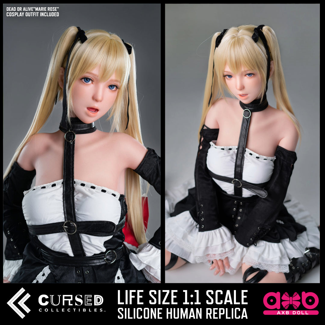Marie Rose (Dead or Alive) Realistic Silicone 1:1 Replica Cosplay Model Doll (AXB Doll). Two views of a life-size 1:1 scale silicone human replica of a blonde anime character with black hair accessories, wearing a black and white outfit, shown on a dark gray background with product text overlays. This is not a sex doll (but can be upgaded).