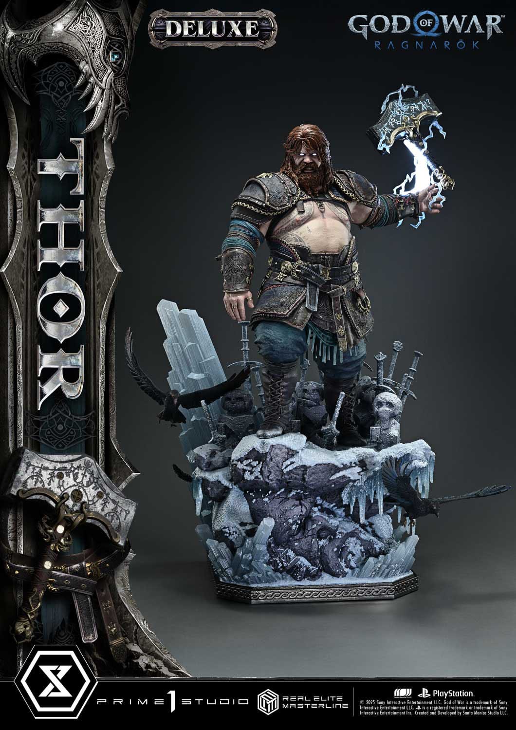 Thor figure from God of War Ragnarok with a large axe on a gray backgroundGod of War: Ragnarök Real Elite Masterline Series Statue 1/3 Thor Deluxe Version 105 cm
