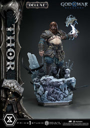 Thor figure from God of War Ragnarok with a large axe on a gray backgroundGod of War: Ragnarök Real Elite Masterline Series Statue 1/3 Thor Deluxe Version 105 cm
