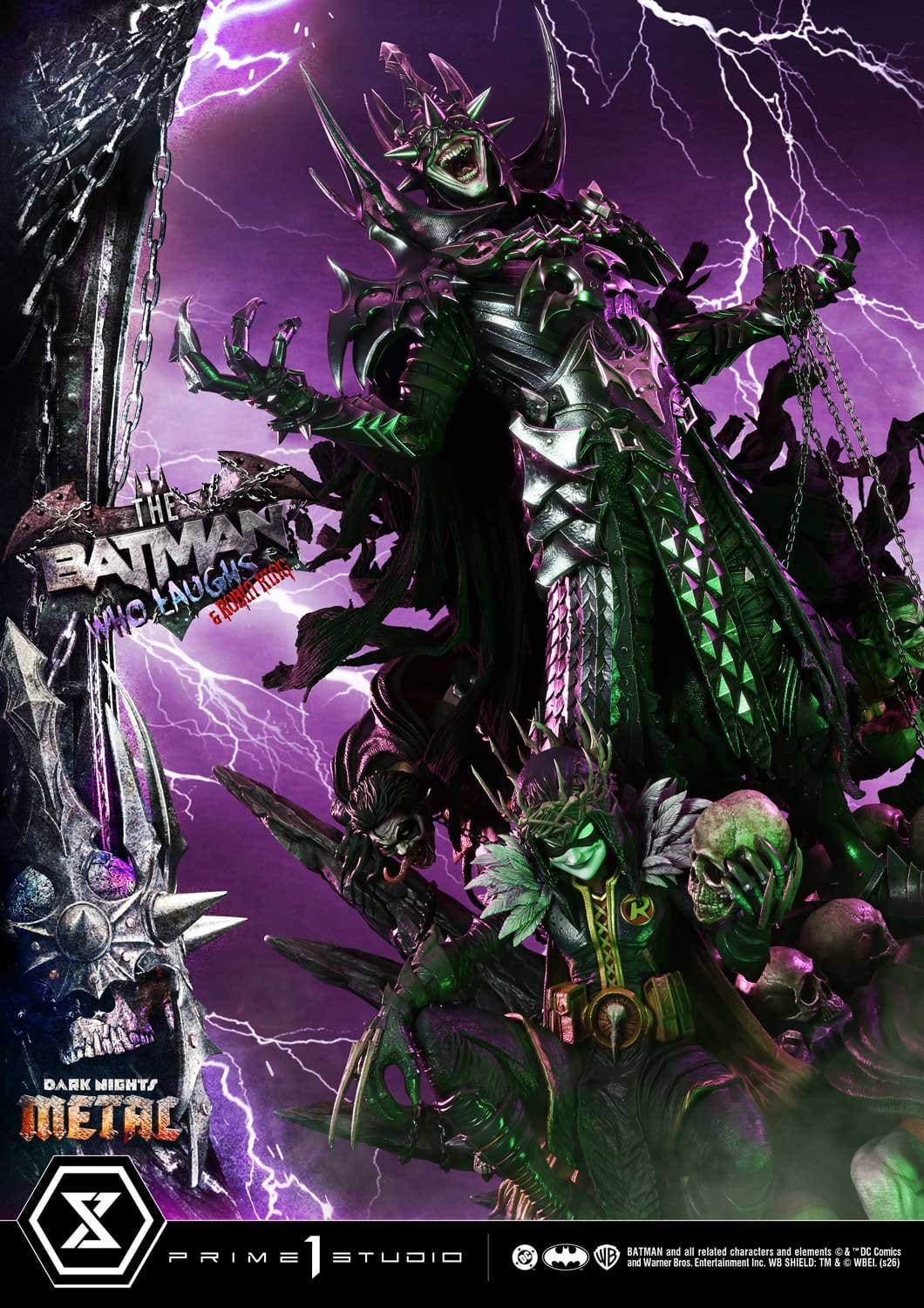 Action figure of a dark, armored character with a purple lightning background, featuring 'The Batman Who Laughs' and 'Dark Nights: Metal' branding. Dark Nights: Death Metal The Batman Who Laughs & Robin King DC Comics (Prime 1 Museum Masterline Statue 1/3)
