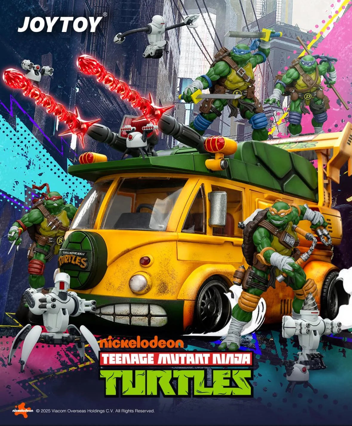 TMNT JoyToy Actionfigure - Turtles Party Van. JoyToy Nickelodeon Teenage Mutant Ninja Turtles toy set featuring a yellow and green van with four turtle characters, robotic vehicles, and a colorful urban background. The image includes the JOYTOY and Nickelodeon Teenage Mutant Ninja Turtles branding.