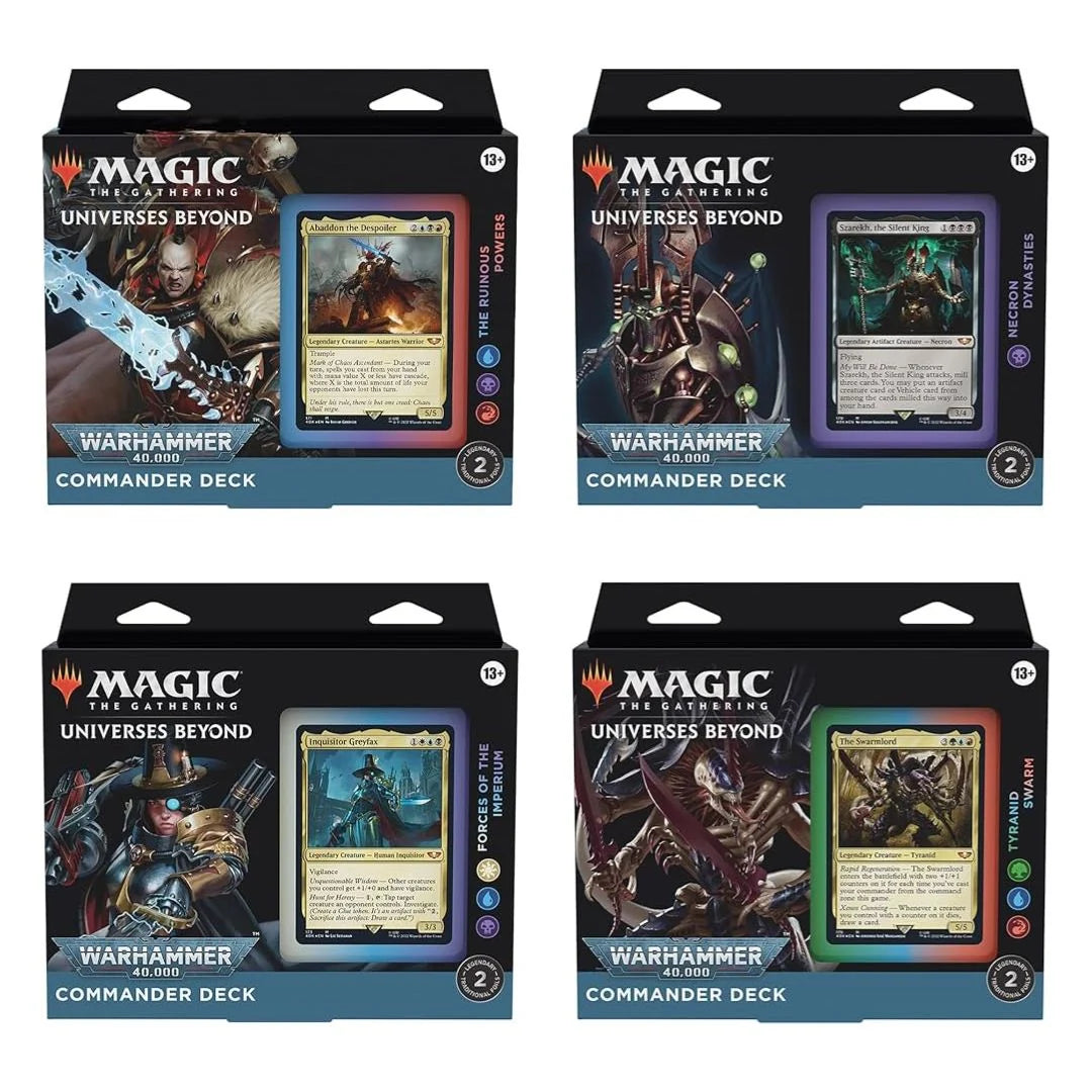 Magic the Gathering Universes Beyond - Warhammer 40k Commander Decks Display (4) english. Four Magic: The Gathering Commander Deck boxes from Universes Beyond, arranged in a 2x2 grid on a white background. The boxes feature different color themes: blue, purple, green, and red, with detailed fantasy artwork and card previews.