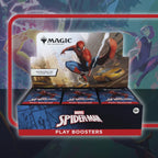 Magic the Gathering Universes Beyond - Marvel's Spider-Man (english) Booster Box. Marvel Spider-Man Magic: The Gathering play booster display box with three individual booster packs in front, featuring Spider-Man artwork and Magic branding on a stylized dark background.