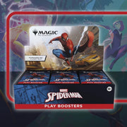 Magic the Gathering Universes Beyond - Marvel's Spider-Man (english) Booster Box. Marvel Spider-Man Magic: The Gathering play booster display box with three individual booster packs in front, featuring Spider-Man artwork and Magic branding on a stylized dark background.
