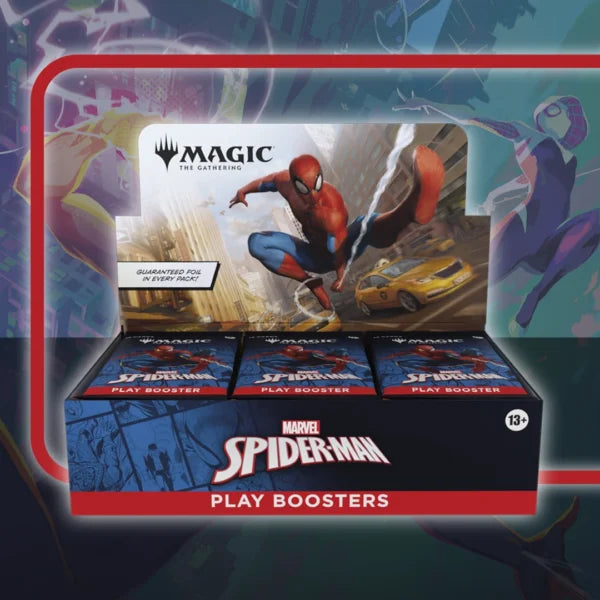 Magic the Gathering Universes Beyond - Marvel's Spider-Man (english) Booster Box. Marvel Spider-Man Magic: The Gathering play booster display box with three individual booster packs in front, featuring Spider-Man artwork and Magic branding on a stylized dark background.