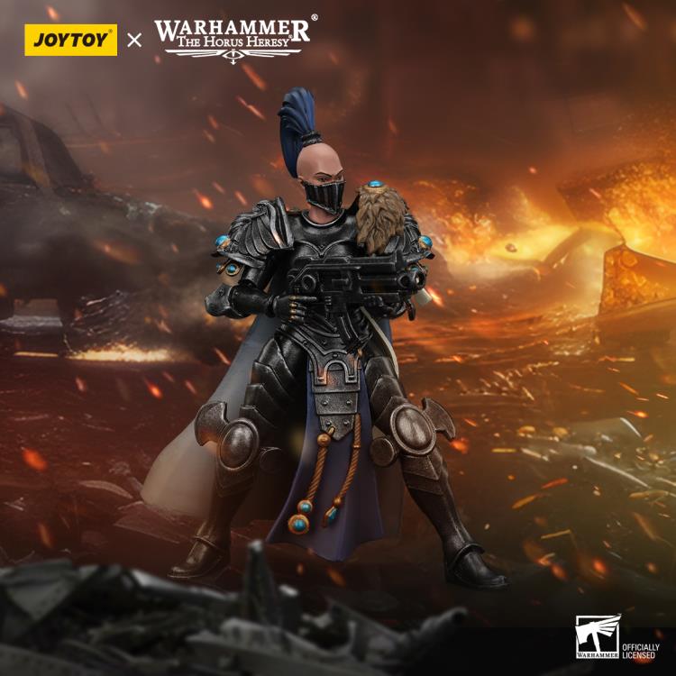 Warhammer 40k JoyToy Actionfigure - Sisters of Silence Argent Lynx Vigilator Cadre Vigilator (Ver. 1). Warhammer figurine with fiery background, featuring JOYTOY and Warhammer branding.
