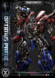 Transformers model of Optimus Prime with branding and studio name on a dark background. Transformers Museum Masterline Statue Powermaster Optimus Prime Concept by Josh Nizzi Ultimate Version 99 cm