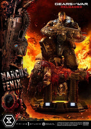 Gears of War Reloaded figurine with Marcus Fenix and a large weapon, set against a fiery background. Marcus Fenix - Gears of War statue (Scale 1/3 Prime 1 Ultimate Version)