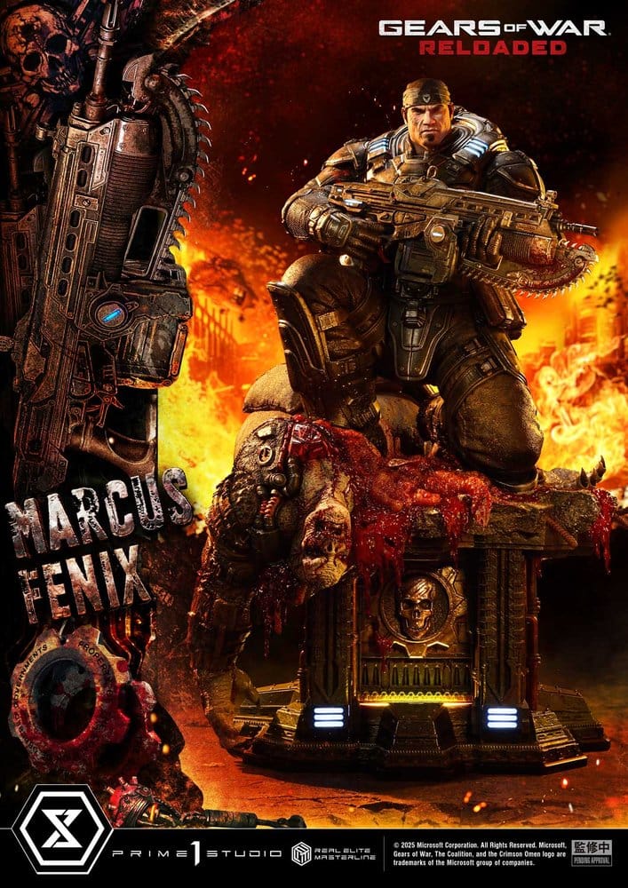 Gears of War Reloaded figurine with Marcus Fenix and a large weapon, set against a fiery background. Marcus Fenix - Gears of War statue (Scale 1/3 Prime 1 Ultimate Version)