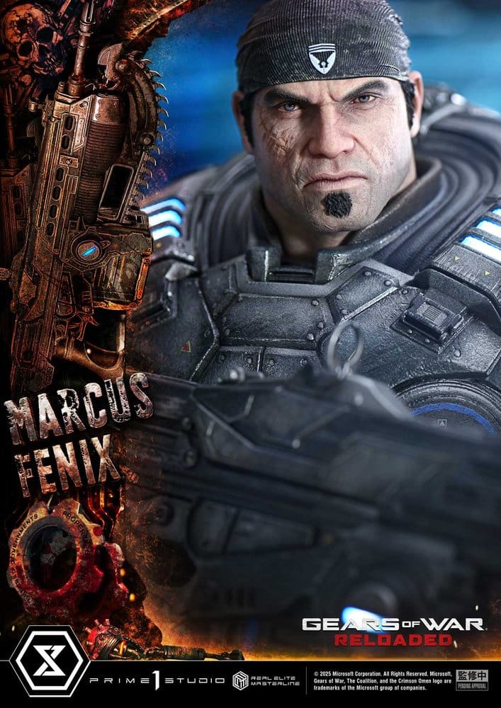 Character from 'Gears of War Reloaded' holding a weapon with text and logos. Marcus Fenix - Gears of War statue (Scale 1/3 Prime 1 Ultimate Version)