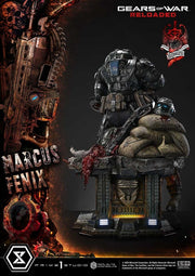 Gears of War Reloaded Marcus Fenix statue with detailed armor and weapon on a dark background. Gears of War: Reloaded Real Elite Masterline Series Statue 1/3 Marcus Fenix Ultimate Bonus Version 97 cm
