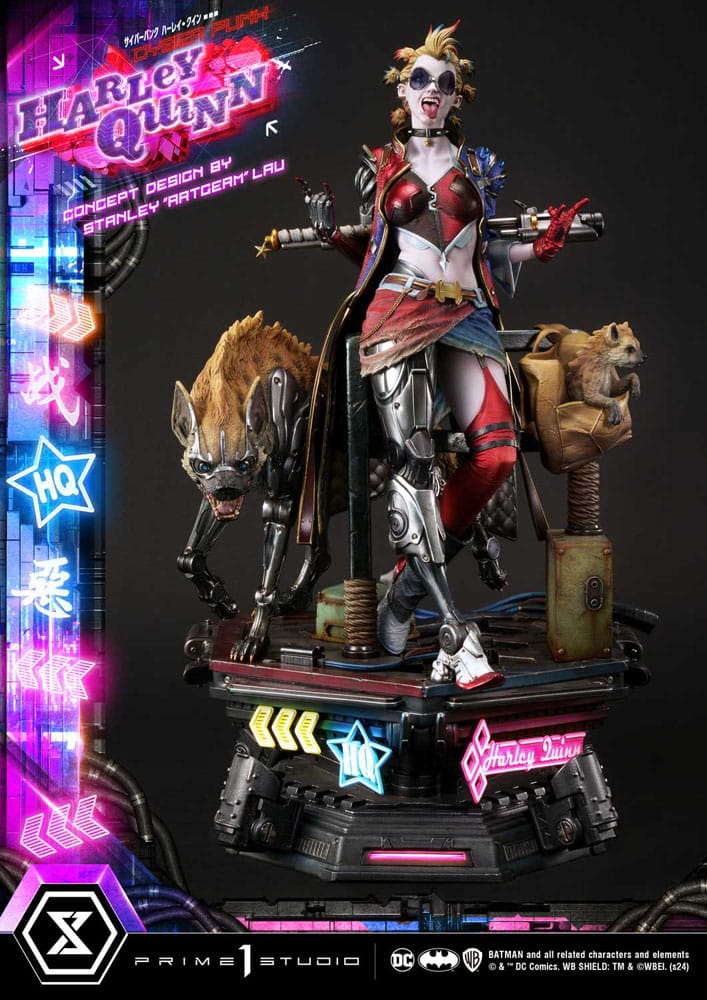 Harley Quinn statue with neon lights and 'Prime 1 Studio' branding. Batman Ultimate Premium Masterline Series Statue Cyberpunk Harley Quinn 60 cm