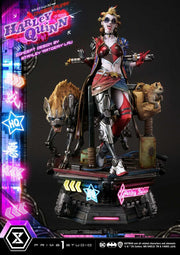 Harley Quinn statue with neon lights and 'Prime 1 Studio' branding. Batman Ultimate Premium Masterline Series Statue Cyberpunk Harley Quinn 60 cm