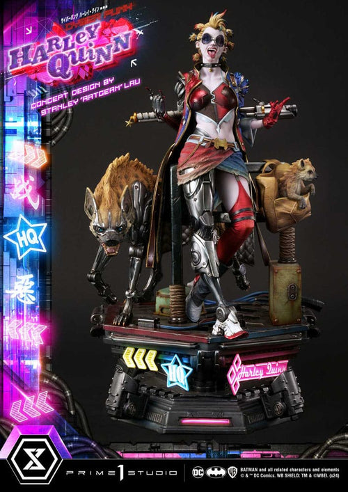 Harley Quinn statue with neon lights and 'Prime 1 Studio' branding. Batman Ultimate Premium Masterline Series Statue Cyberpunk Harley Quinn 60 cm
