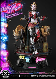 Harley Quinn statue with two dogs on a dark background with neon lights. Batman Ultimate Premium Masterline Series Statue Cyberpunk Harley Quinn 60 cm