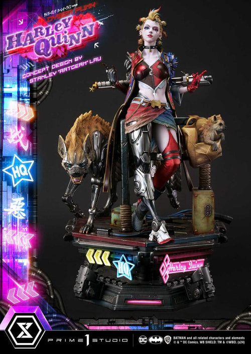 Harley Quinn statue with two dogs on a dark background with neon lights. Batman Ultimate Premium Masterline Series Statue Cyberpunk Harley Quinn 60 cm