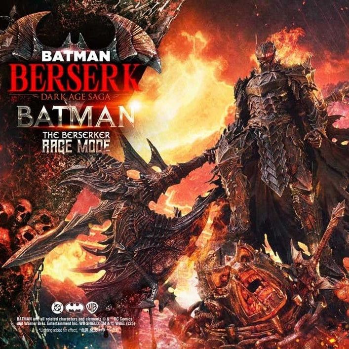 Batman Berserk movie poster with fiery background and warrior figure. DC Comics Ultimate Premium Masterline Series Statue 1/4 Batman (Comics) Batman: The Berserker Rage Mode 82 cm