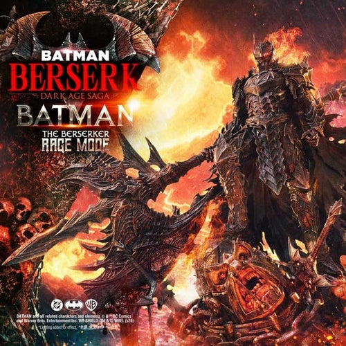 Batman Berserk movie poster with fiery background and warrior figure. DC Comics Ultimate Premium Masterline Series Statue 1/4 Batman (Comics) Batman: The Berserker Rage Mode 82 cm